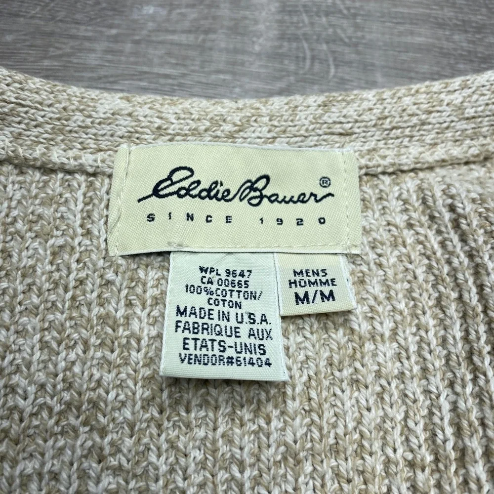 Eddie Bauer Mens M Cotton Knit Sweater Vest Beige‎ Tan V-Neck Cardigan Made USA